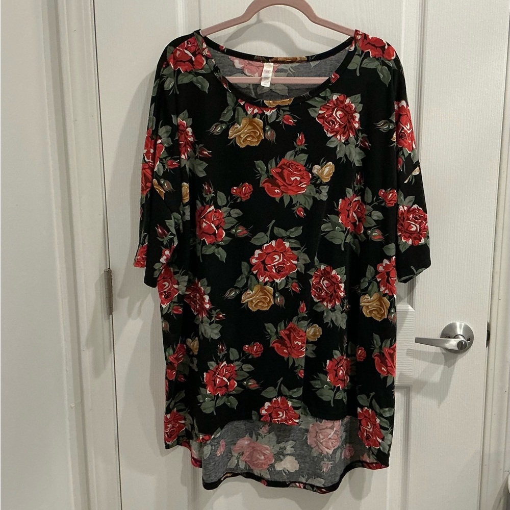 LuLaRoe Black Floral Scoop Neck Tunic with Red and Gold Roses - Picture 7 of 7